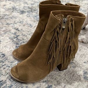 Mia Women’s Fringe Suede Open-Toe Ankle Boot in Brown size 9